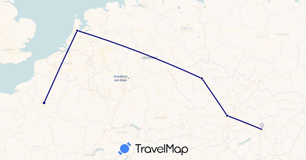 TravelMap itinerary: driving in Austria, Czech Republic, France, Hungary, Netherlands (Europe)